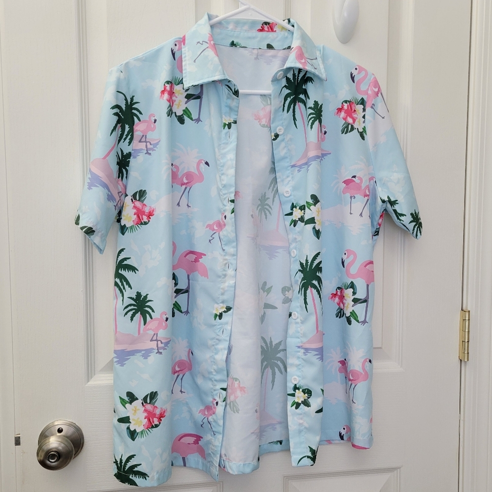 Amazon Light Blue Flamingo Print Button Down Shirt